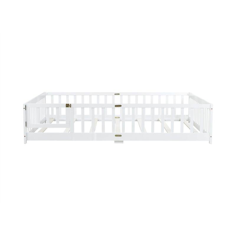Twin/Full/Queen Size Floor Bed with Fence Guardrails and Door, Rubber Wood Toddler Bed Montessori Bed with Slats Support