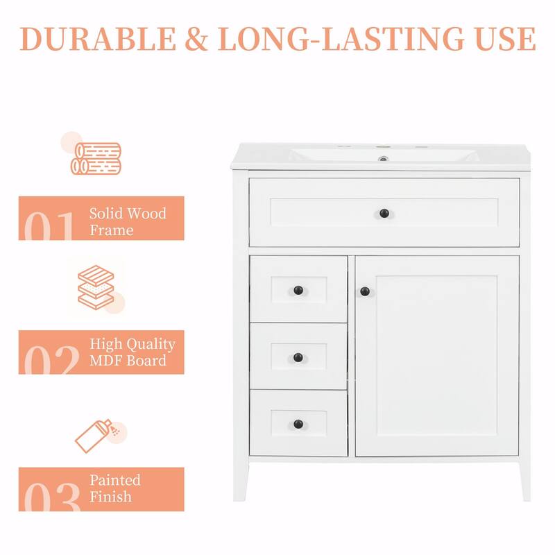 Bathroom Vanity with Sink, Modern MDF and Rubberwood Cabinet with 3 Drawers and Adjustable Shelf