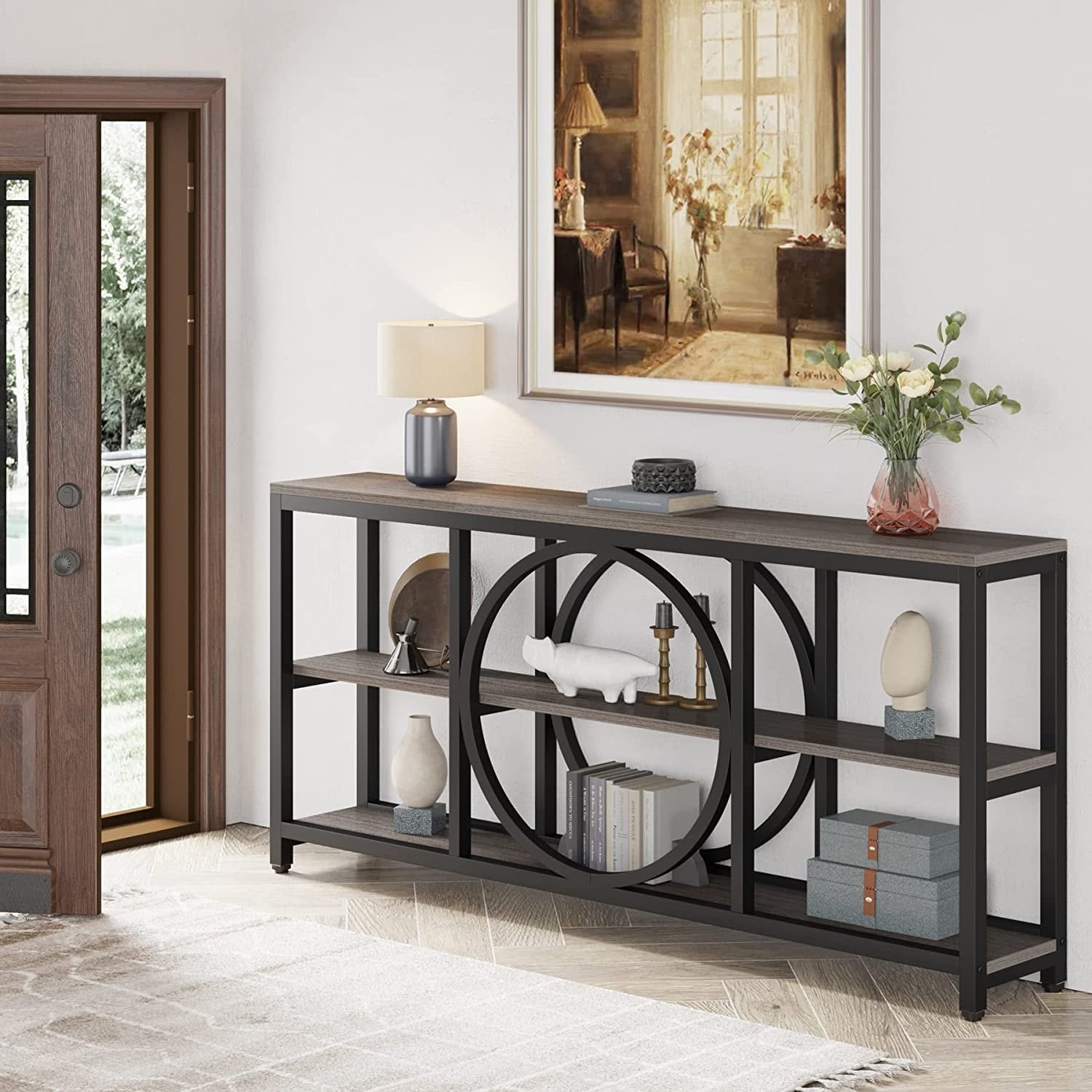 Extra Long Console Table, 70.9 inch Narrow Sofa Tables with 3 Tier Wood Storage Shelves, Rustic Brown Black - 11.75" * 70.9"
