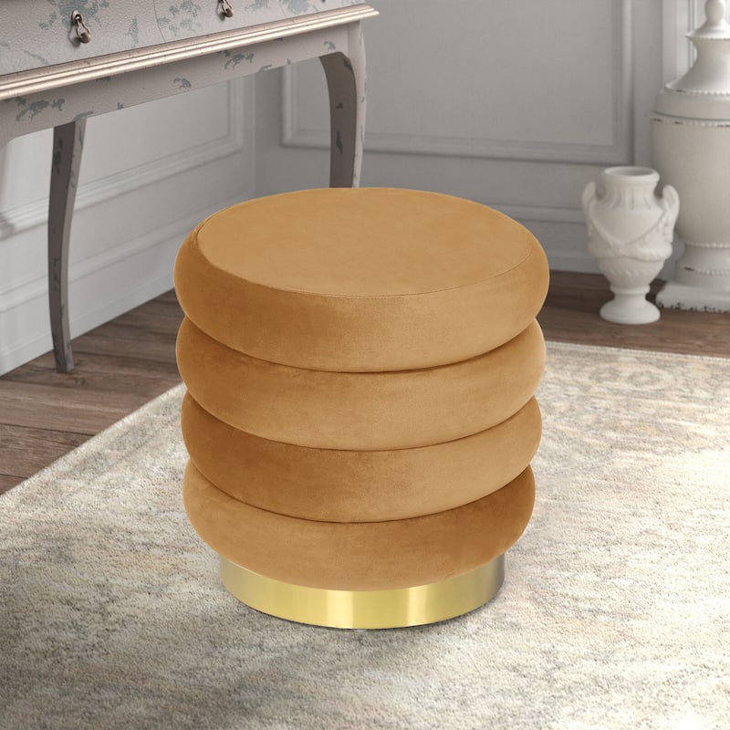 Adeco Round Storage Ottoman with Removable Lid, Vanity Velvet Footrest - Dark Orange
