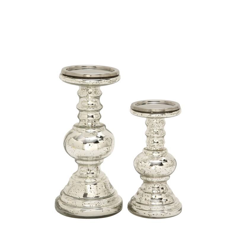Silver Glass Handmade Turned Style Pillar Candle Holder (Set of 2)