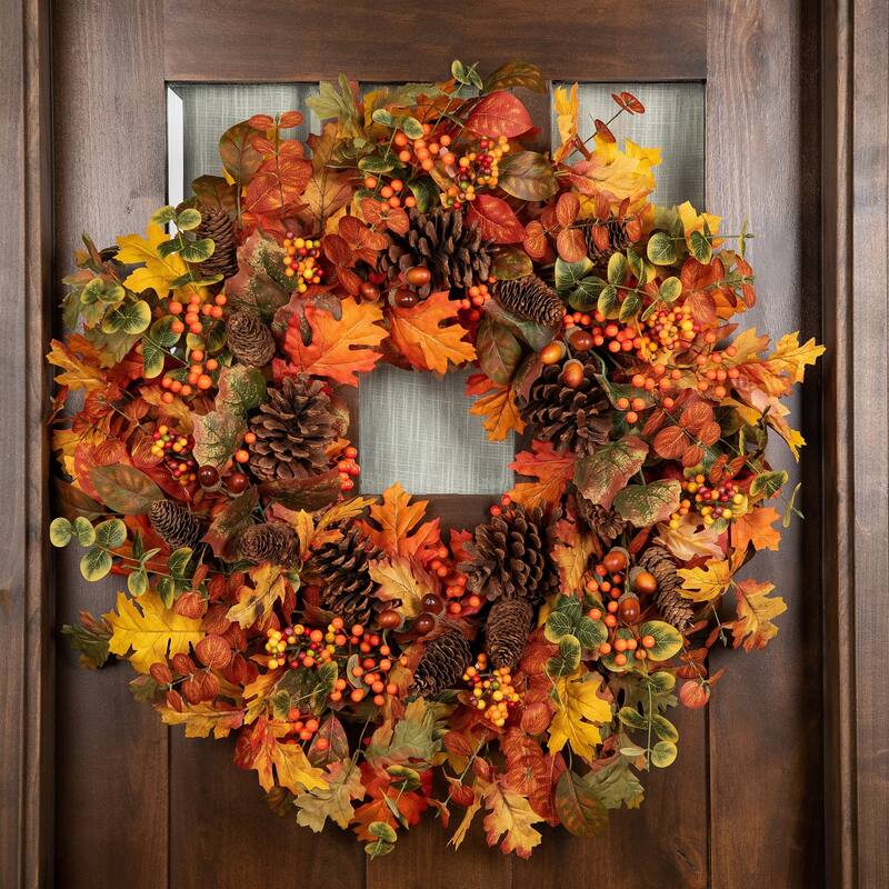 Eucalyptus Maple Leaves and Acorns Artificial Fall Harvest Wreath - 30"