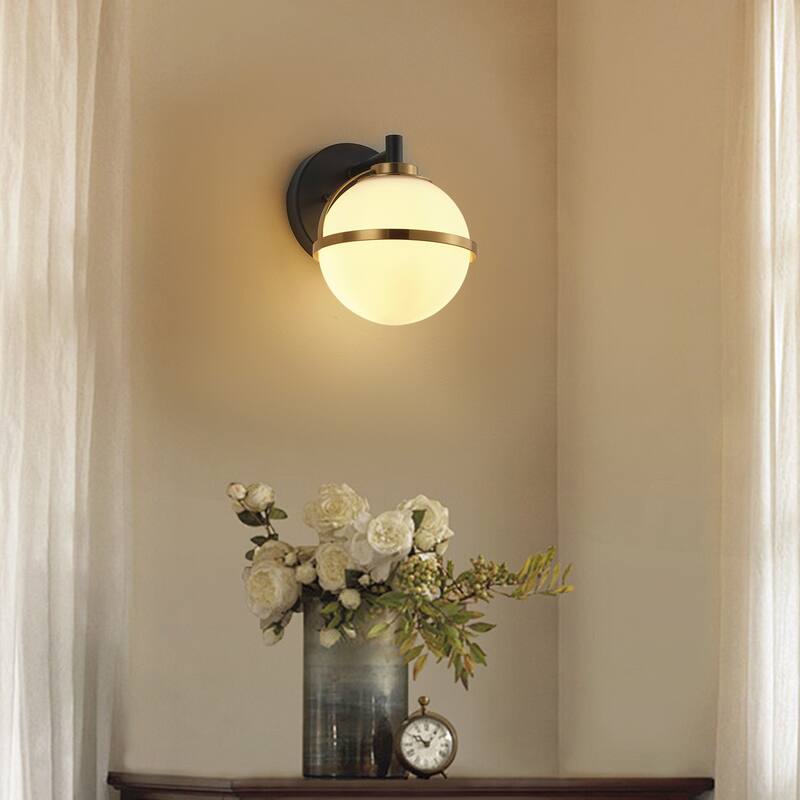 Aiwen Modern 1-Light Wall Sconce Matte Black & Brushed Gold Opal Acid Etched Glass Globe Shade
