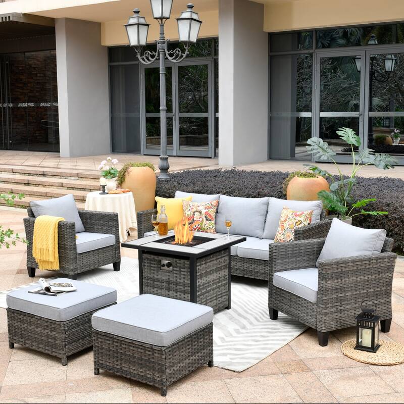 OVIOS 6-piece Patio Outdoor Wicker Conversation Set With 30" Fire Pit