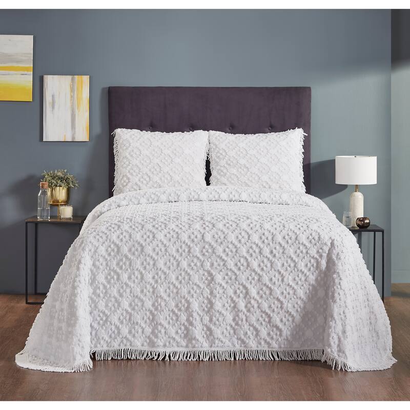 Better Trends Charleston Collection 4-Piece 100% Cotton Tufted Diamond Design Bedspread Set - Machine Washable & Tumble Dry Safe - White - Queen