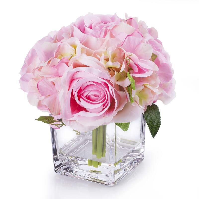 Enova Home Artificial Silk Hydrangea and Fake Roses Flowers Arrangement in Cube Glass Vase with Faux Water for Home Decoration - Pink