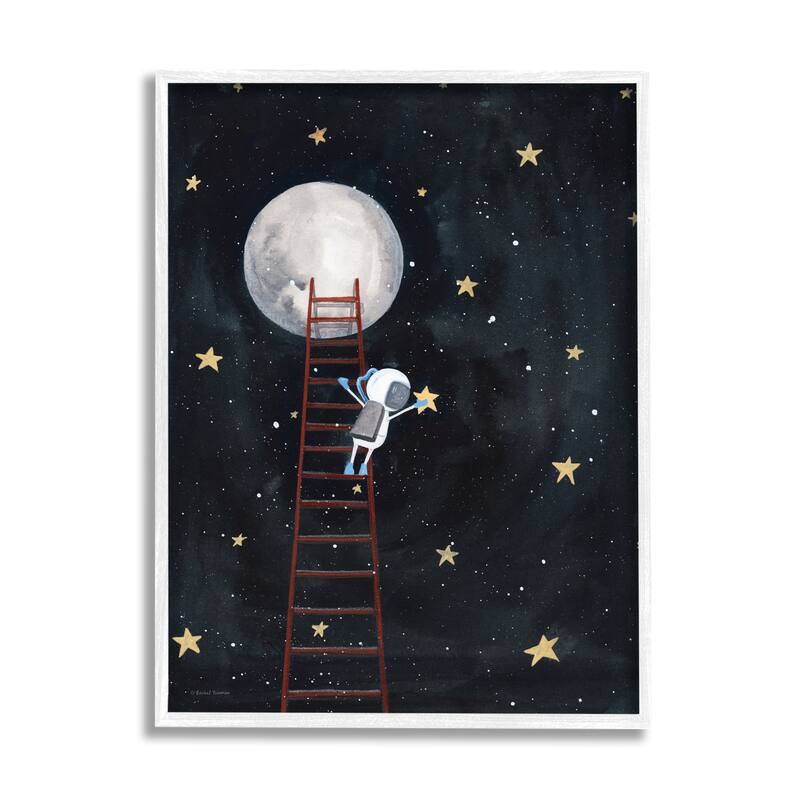 Stupell Astronaut Hanging Stars Outer Space Ladder to Moon Framed Giclee Texturized Art by Rachel Nieman - 24 x 30 - White