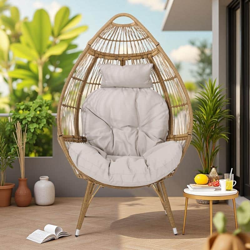 Rattan Teardrop Stand Only Chair with Iron Frame and Water-Resistant Cushion