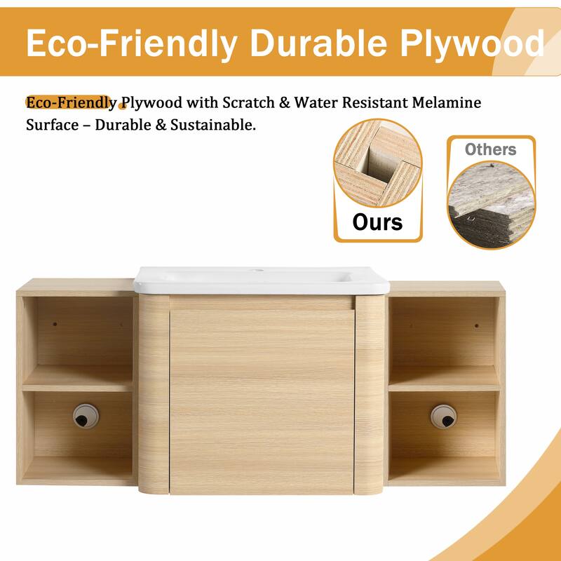 Malwee 24"/36"/48"/60" Floating Bathroom Vanity, Wall Mounted Bathroom Vanity with Ceramic Sink,Soft Close Door and Shelf
