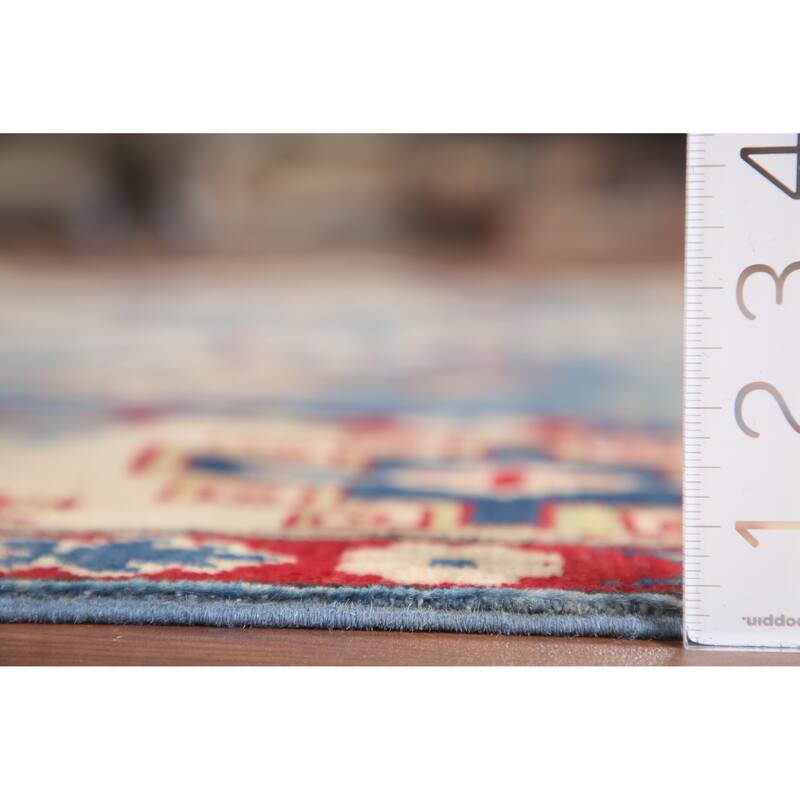 Hand Knotted Oriental 100% Wool Carpet Traditional Geometric Navy Blue & Blues Kazak Area Rug - 9' 10'' X 6' 8''