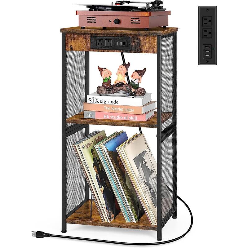 Vinyl Record Storage Table with Album Storage Power Outlet - Brown