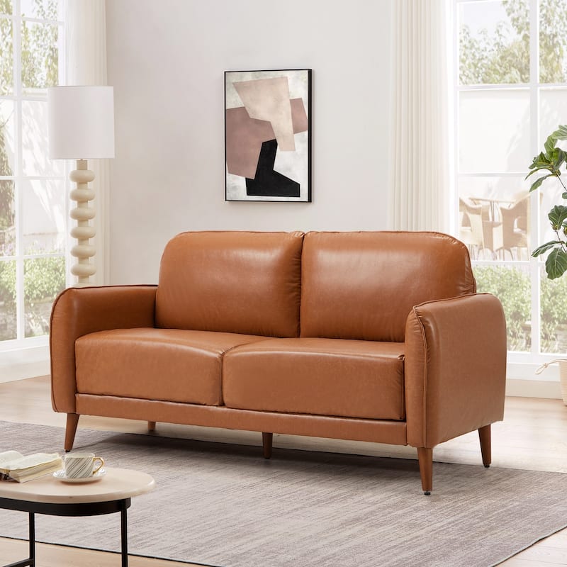 Modern double sofa for small spaces with storage, 2 soft cushions - Leather cover - Brown