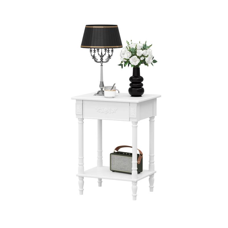Vintage End Table with Drawer and Shelf, French Style Nightstand with Solid Wood Legs, White Accent Table