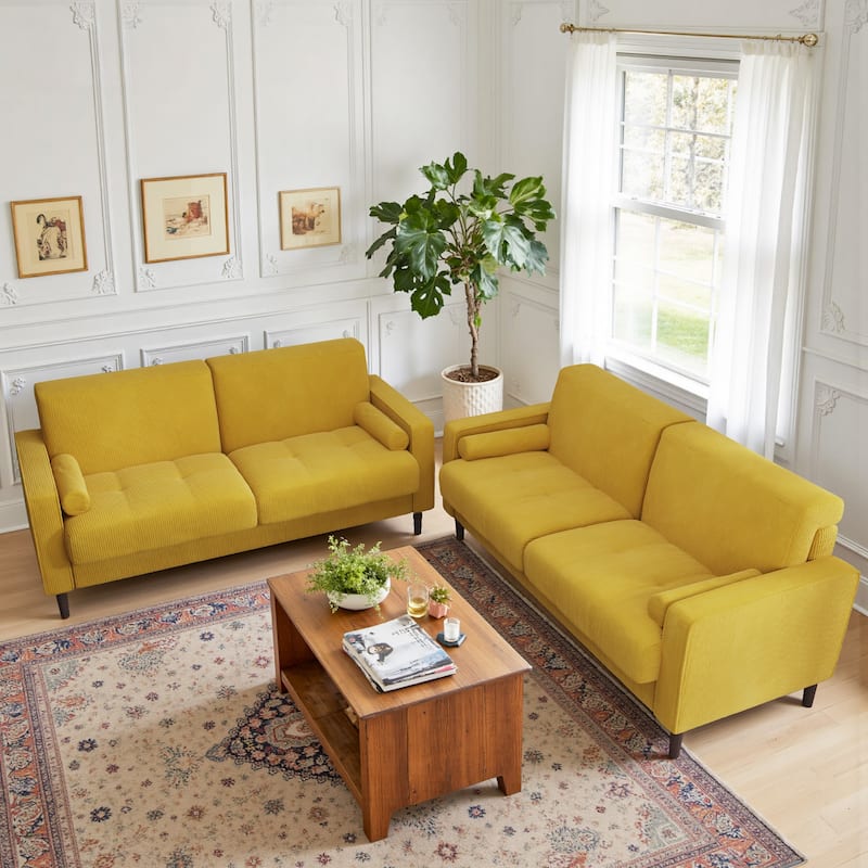 Modern Corduroy Upholstered Loveseat with Bolster Pillows and Wood Legs