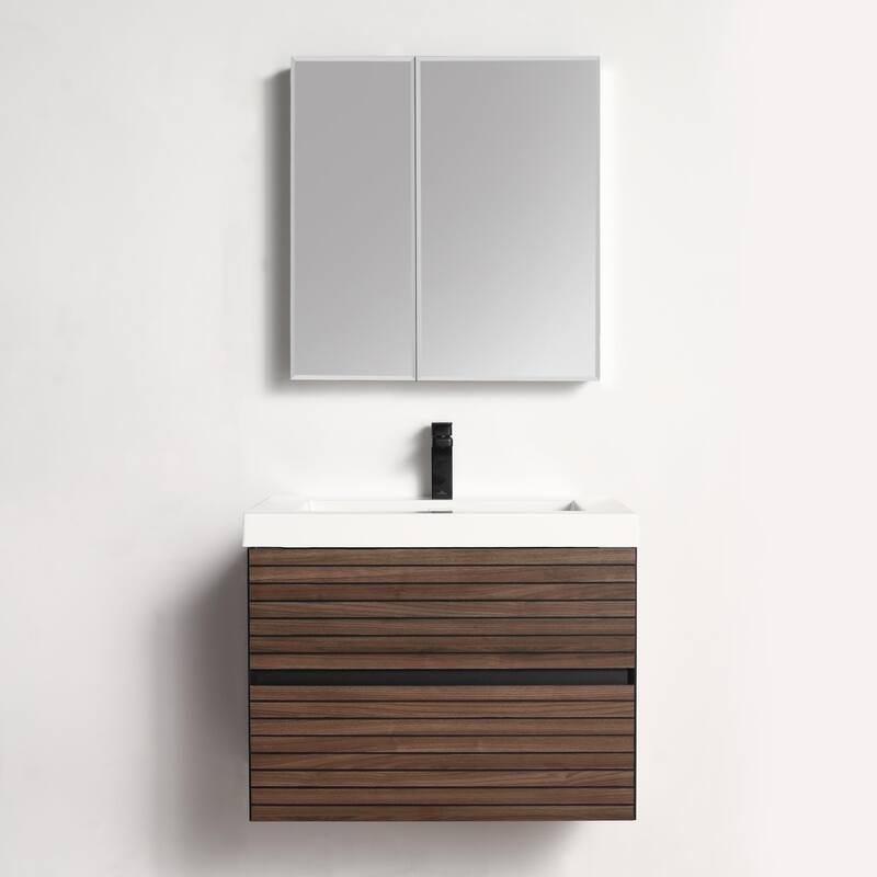 Blossom 30" Floating Bathroom Vanity with Acrylic Sink, Modern Design - Walnut Finish - Walnut Strip