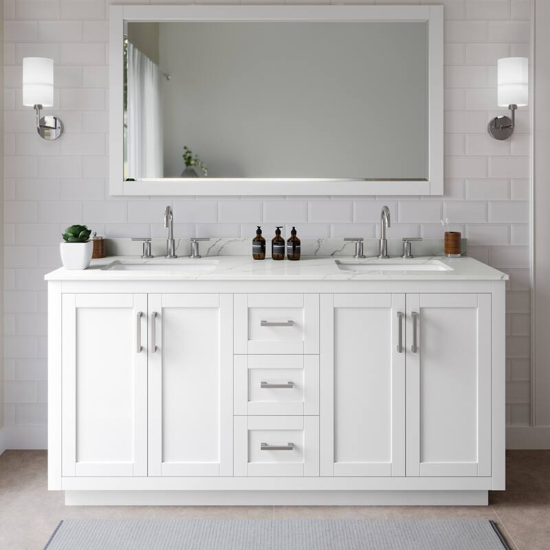 Wyndham Collection WCF292966D-QTZ-US3MXX Miranda 66" Free Standing - White / Giotto Quartz Top / Brushed Nickel