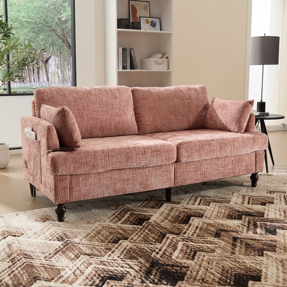 HOMEFUN Chenille Upholstered Mid Century Modern Wood Frame Loveseats Sofa with LED light,USB and Side Pocket