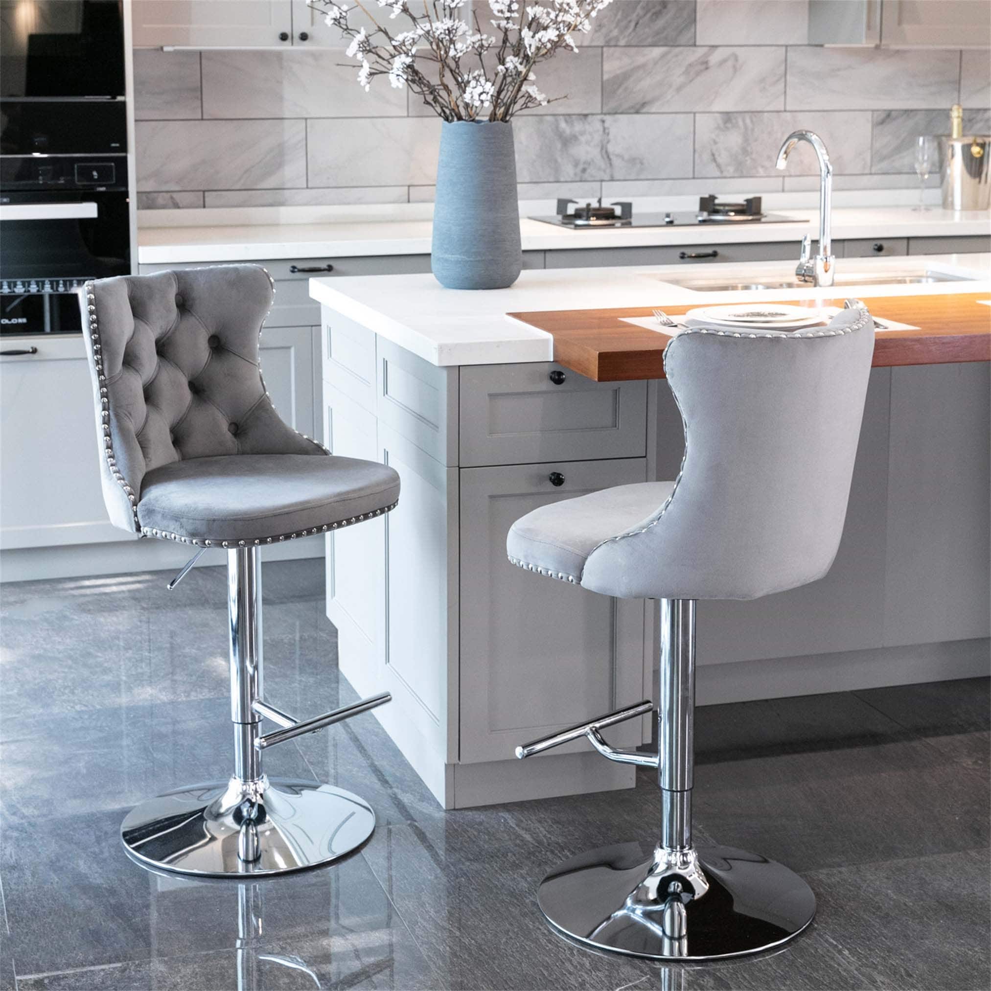 Swivel Velvet Barstools with Adjustable Height, Chrome Base, and Comfortable Tufted Back,Set of 2