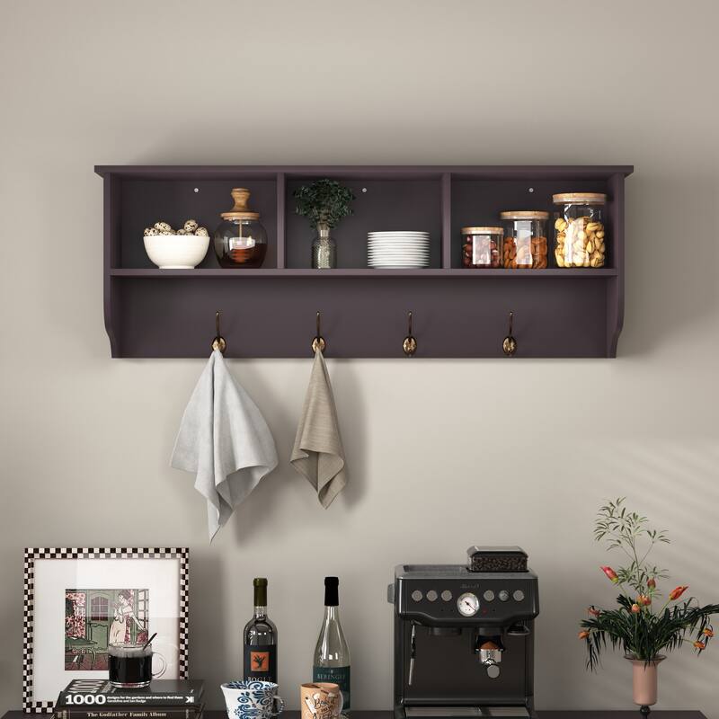 Espresso Entryway Wall Mounted Coat Rack with 4 Dual Hooks Living Room Wooden Storage Shelf