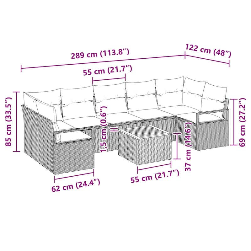 vidaXL 8 Garden Sofa Set with Cushions Black/Grey Poly Rattan - 113.8 x 48 x 27.2