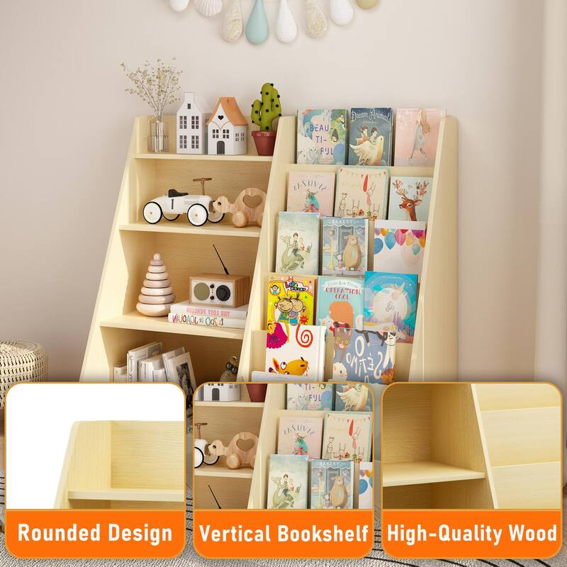 Kids Bookshelf and Toy Storage Organizer, Multifunctional 4 Tier Wooden Kids Book Shelf with Bookcase Display Stand