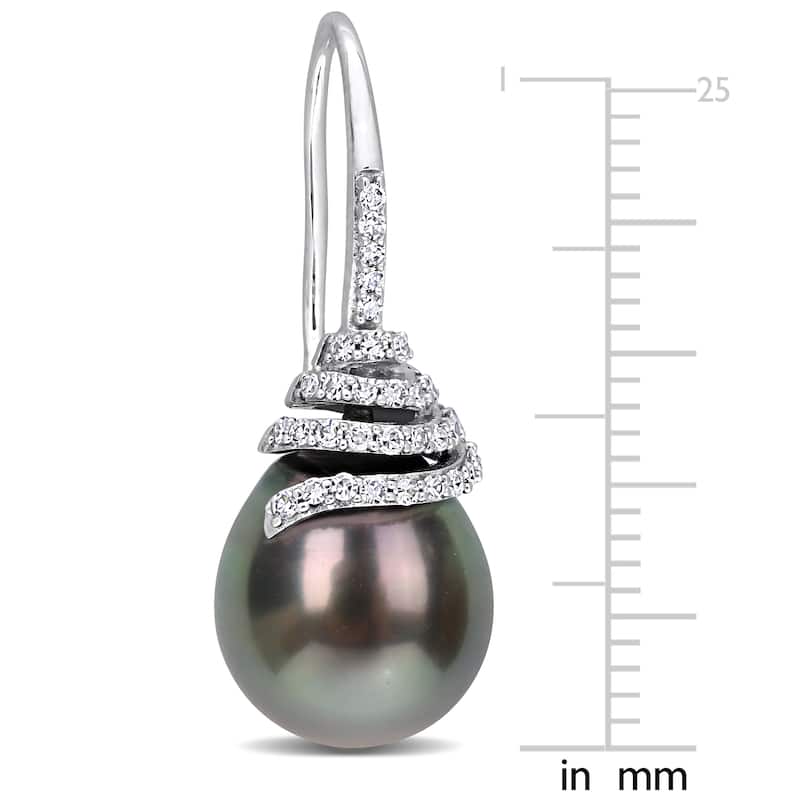 Miadora 10-11mm Black Tahitian Cultured Pearl and 1/3 CT TW Diamond Swirl Hook Earrings in 14k White Gold
