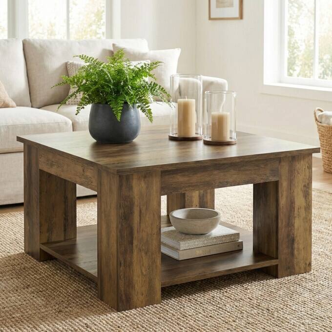 31.5" Wooden Square Coffee Table, 2-Tier Center Table with Storage