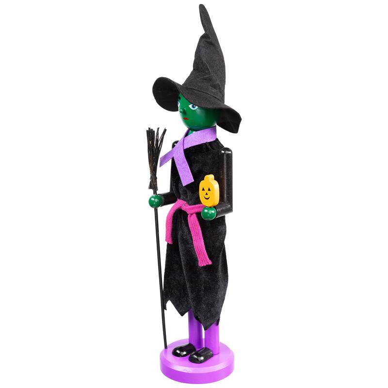 14" Black Green Witch Jack-O-Lantern Halloween Nutcracker with Broom