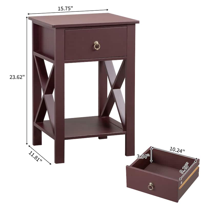 Brown MDF Coffee Side Intersection Tables with 2-Layer Drawers Set of 2 - 15.75 x 11.81 x 23.62 inches (L x W x H)