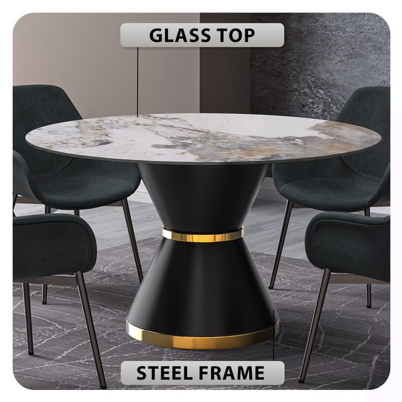 Qorvus Round Glass or Sintered Stone Tabletop Dining Table with Black and Gold Pedestal Base for Kitchens or Dining Rooms
