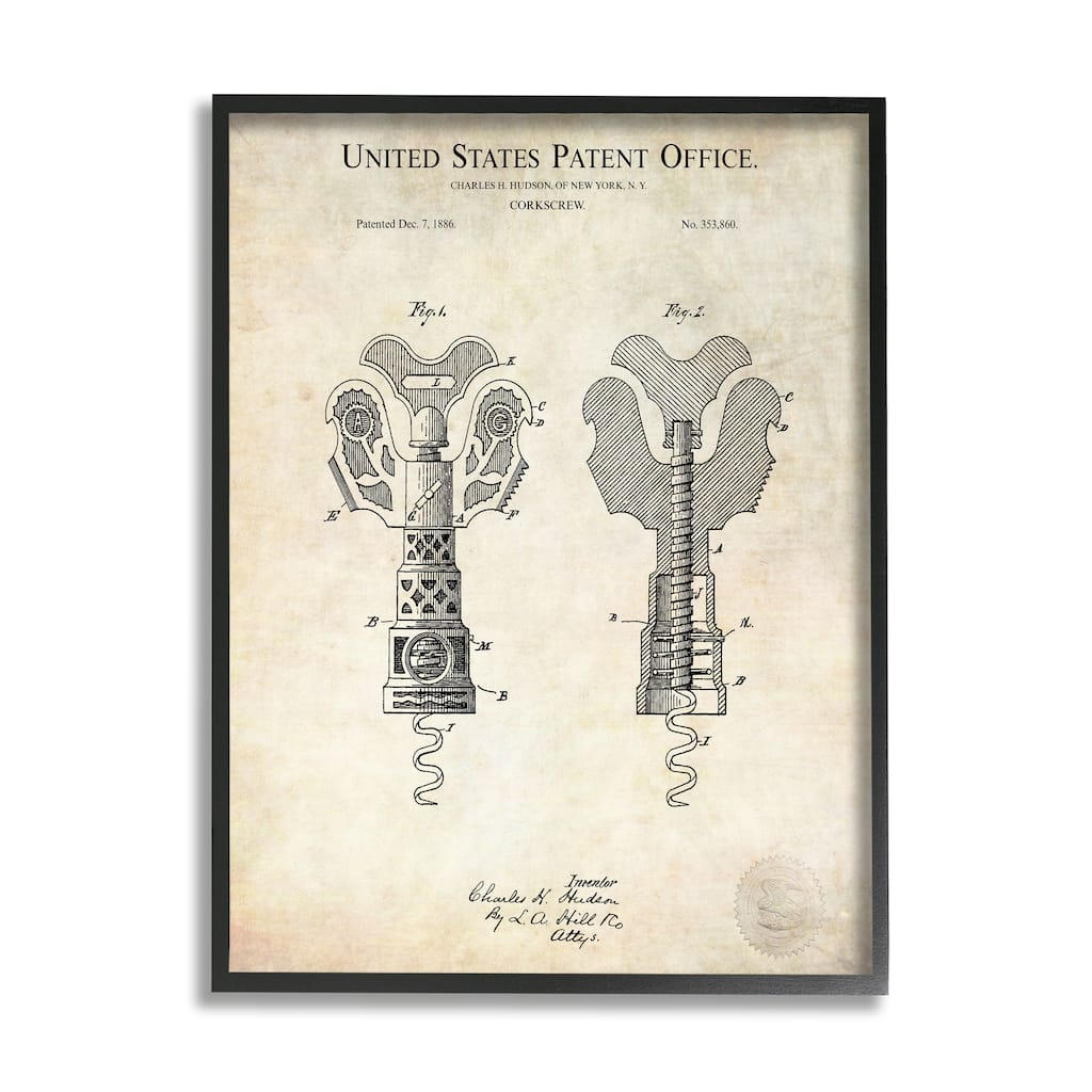 Stupell Detailed Vintage Bottle Corkscrew Patent Blueprint Diagram Framed Wall Art - Beige