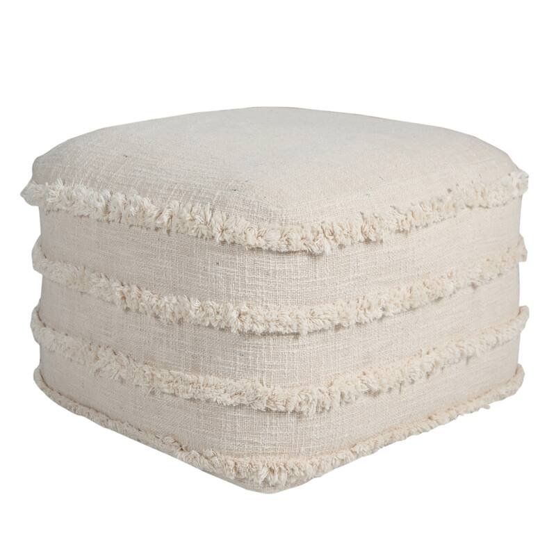 HomeRoots 18" Cream Cotton Tufted Cube Striped Pouf Ottoman