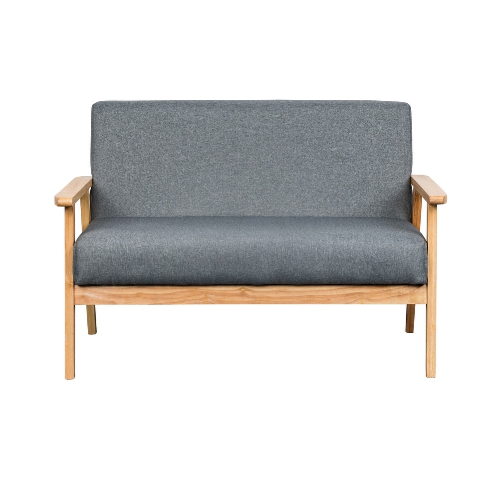 Gala 45 Inch Modern Loveseat Bench, Gray Fabric, Natural Brown Wood Frame