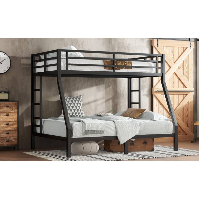 Roomfitters Metal Twin over Full Bunk Bed, Heavy Duty Space Saving Frame with Ladder and Guardrails, Black