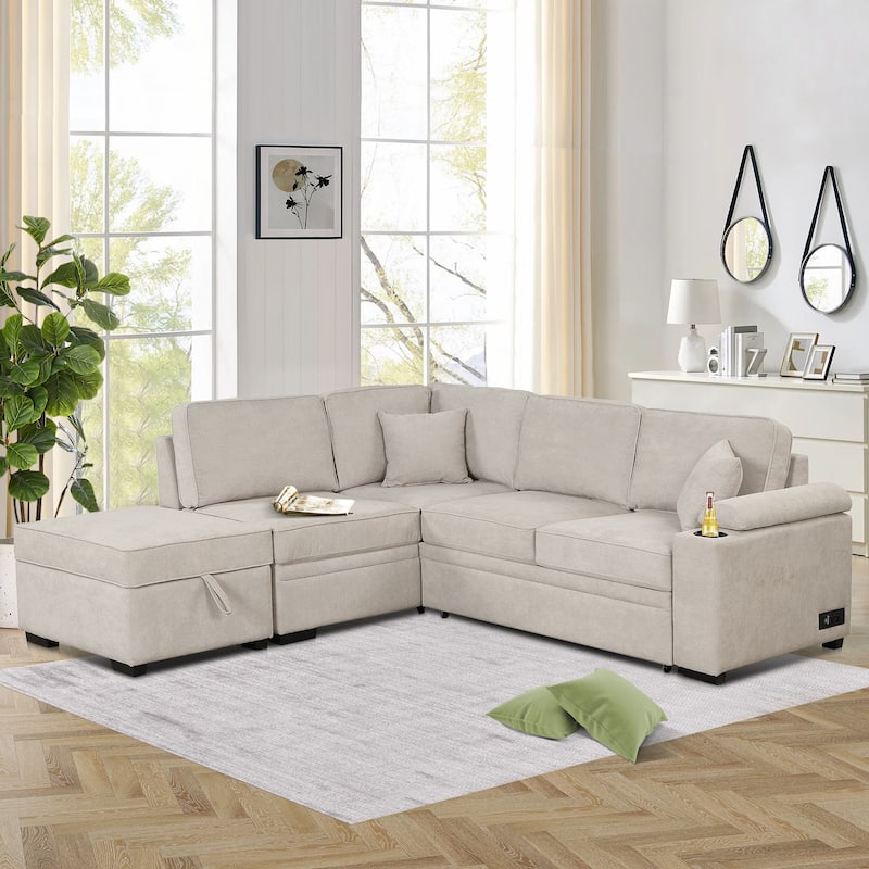 Beige 84.75'' L-Shaped 5 Seater Sectional Sleeper Sofa Bed with Storage Ottoman and Pull-Out Bed, Perfect for Living Room - Beige