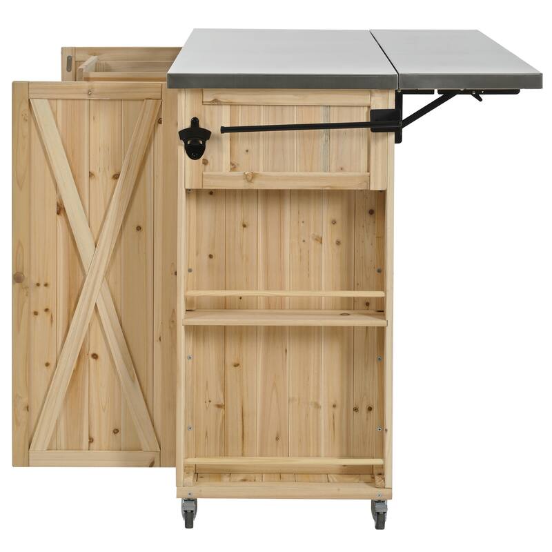 Outdoor Kitchen Island with Foldable Stainless Steel Top & Bottle Opener, Fir Wood Kitchen Island with Shelves and Towel Racks