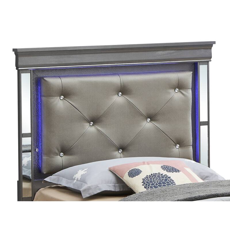 Twin Size Wood Platform Bed with LED Headboard and Jeweled Tufted Upholstery