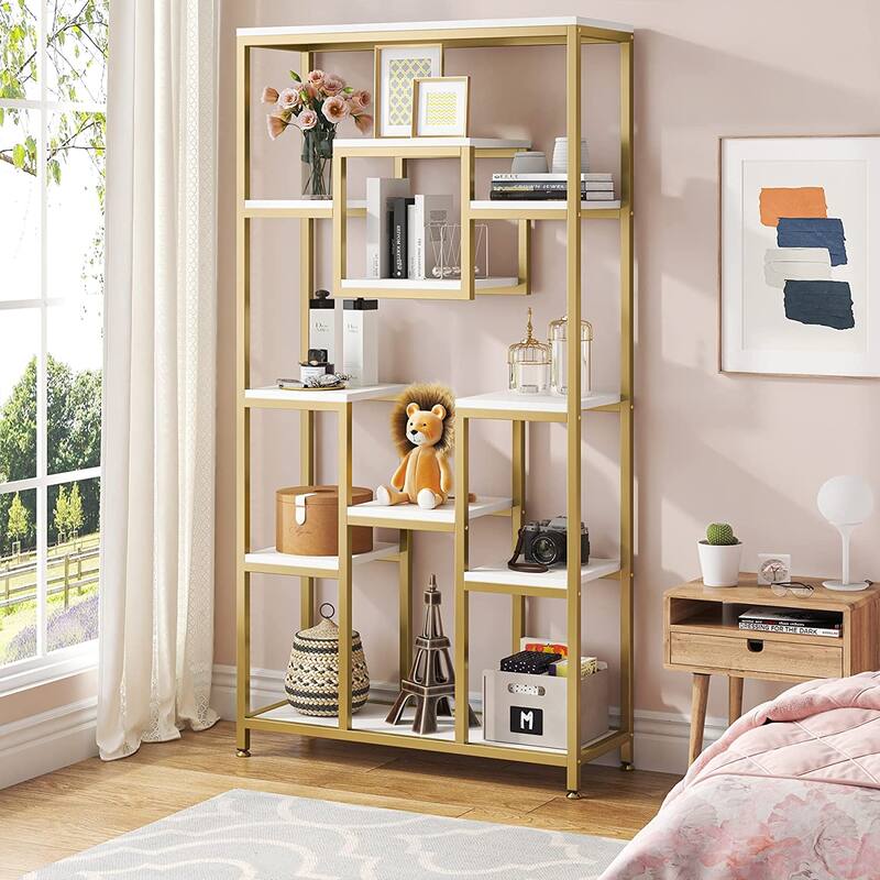 71 Inch Tall Bookshelf, Freestanding Geometric Bookcase, White and Gold - White and Gold