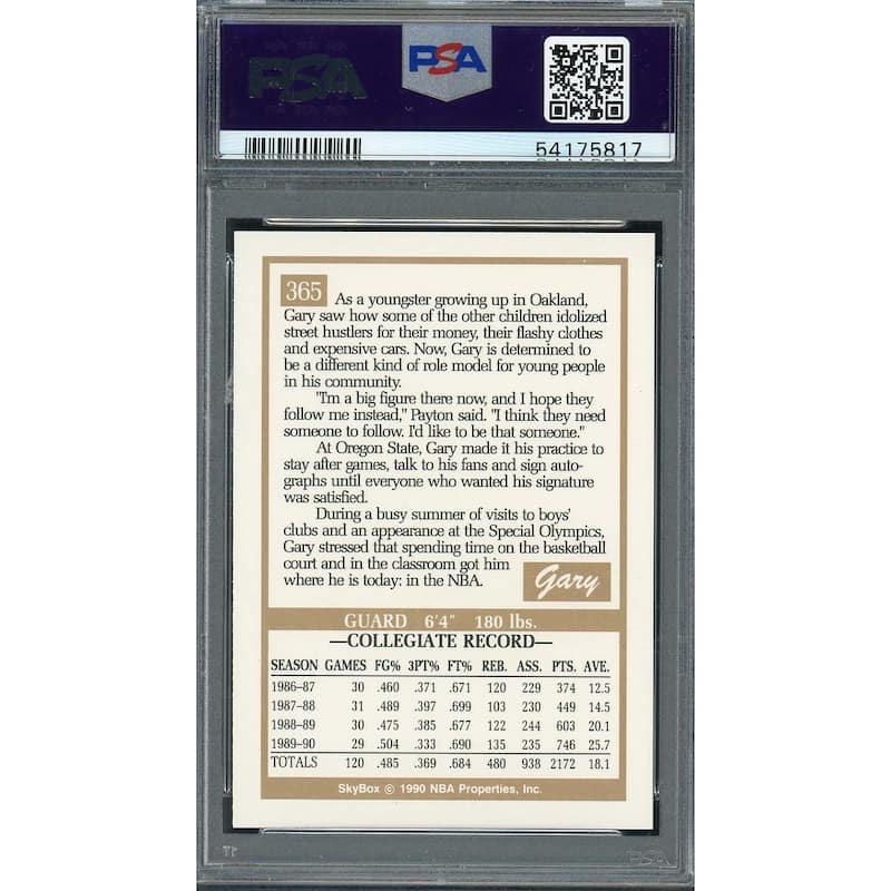 Gary Payton 1990 Skybox Basketball Rookie Card RC #365 Graded PSA 9 - 8'6" x 11'6"