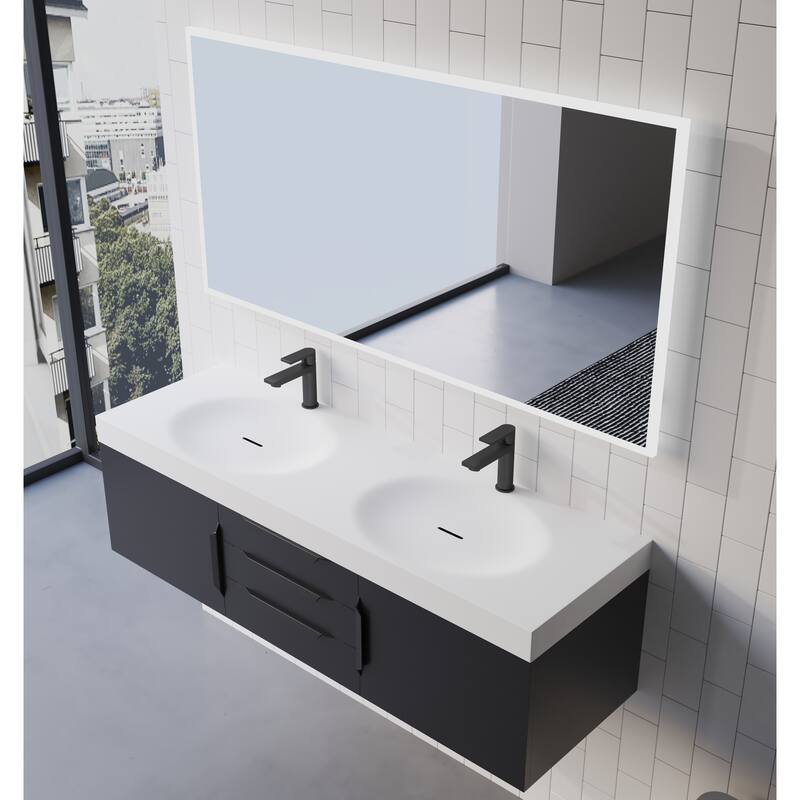 Thames 60" Shallow Basin Wall Mounted Bathroom Vanity Set w/ White Top