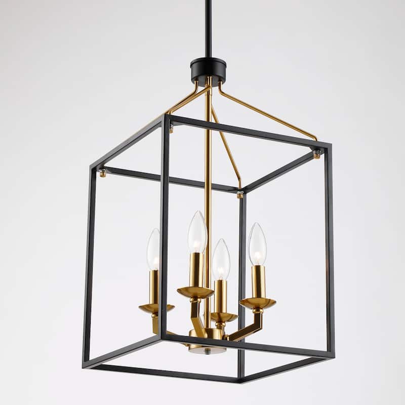 12" Modern Matte Black and Gold 4-Light Caged Chandelier