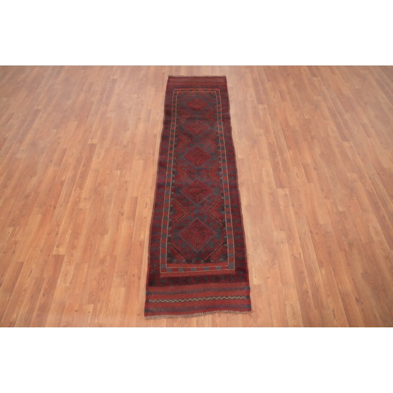 Hand Knotted Oriental 100% Wool Carpet Traditional Tribal Red Balouch Runner Rug - 7' 9'' X 2' 0''