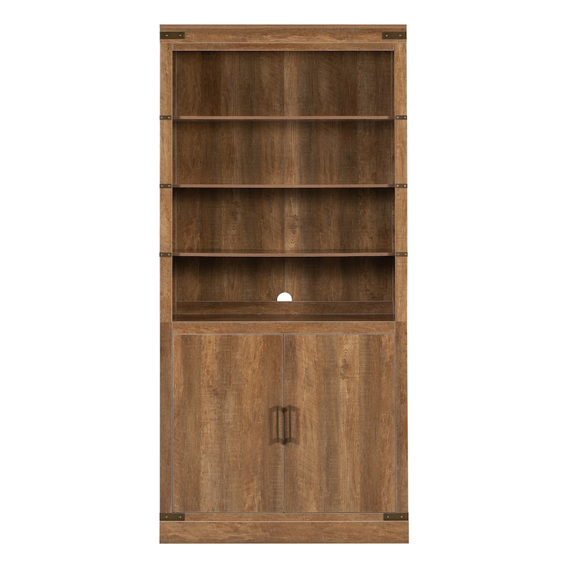 83.4" Tall Bookshelf with Doors, Farmhouse Bookcase with 3-Tier Adjustable Shelves, Display Storage Cabinet with LED Light