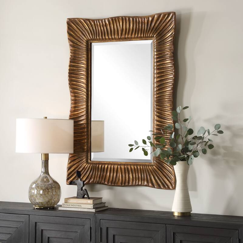 Scalloped Profile Beveled Wall Mirror 51" Antiqued Gold Finish