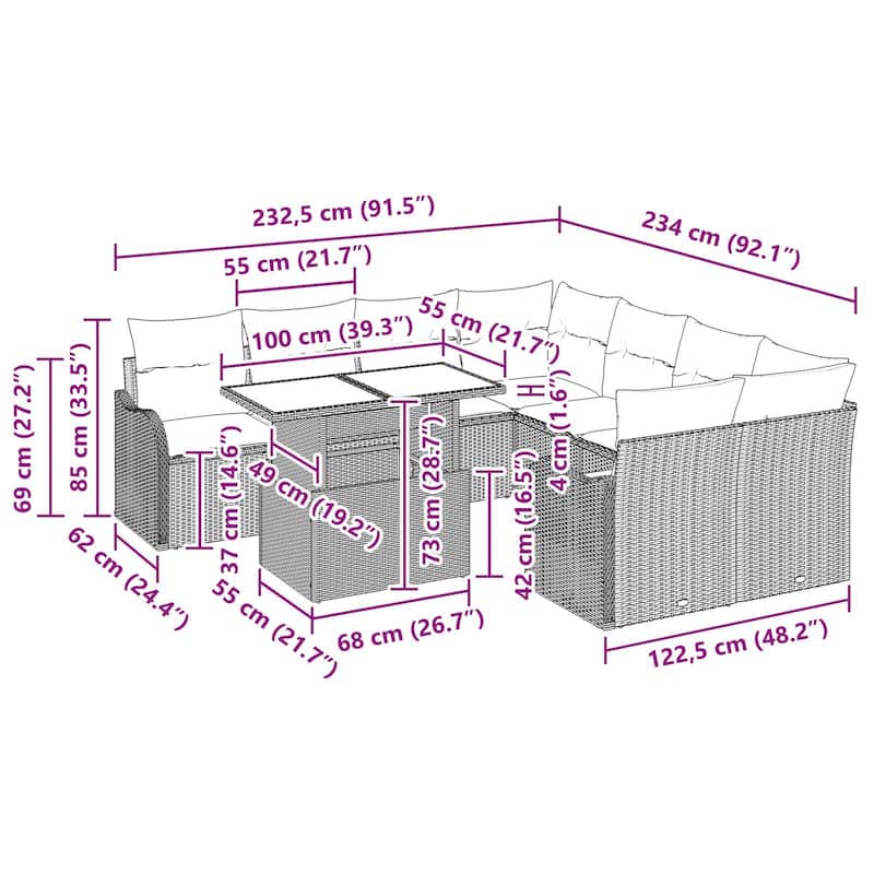 vidaXL 9 Garden Sofa Set with Cushions Black/Brown/Grey Poly Rattan - 91.5 x 92.1 x 27.2