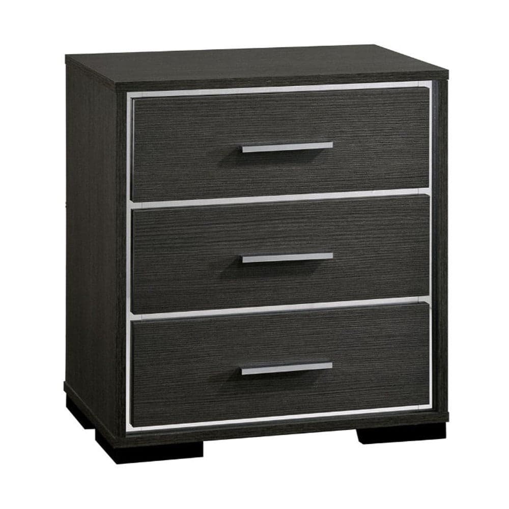 Contemporary Style Three Drawers Wooden Nightstand with Bar Handles, Dark Grey