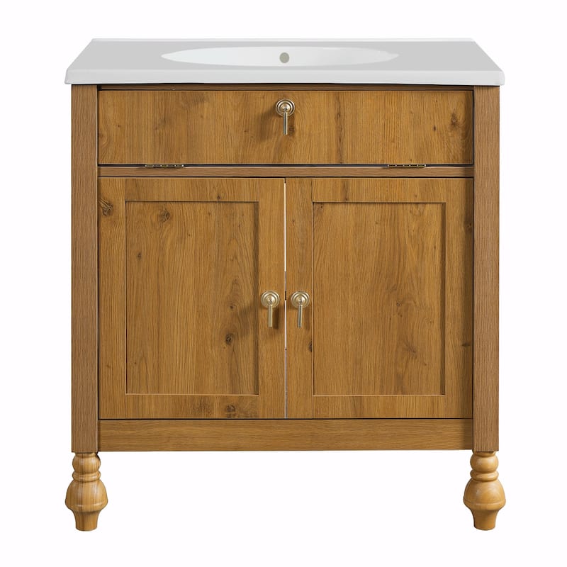 30-Inch Walnut Bathroom Vanity with Seashell Resin Sink, Flip-Up Storage & Soft-Close Doors