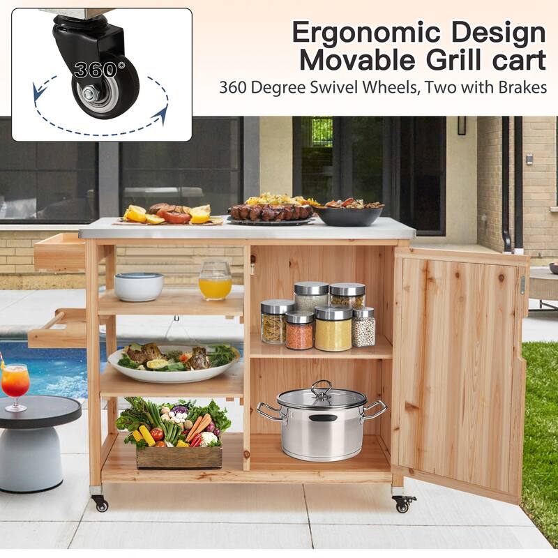 EROMMY Outdoor Kitchen Island on Wheels, Solid Cedar Wood Grill Cart with 201 Stainless Steel Top & 3‑Tier Storage - Wood Color
