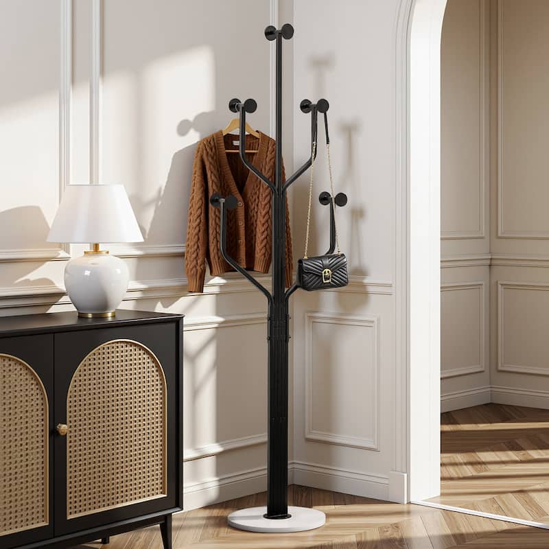 Freestanding Metal Coat Rack with 10 Hooks and Heavy Duty Marble Base - 68.1"H x 18.5"W(top) x 13.2"Dia(base)