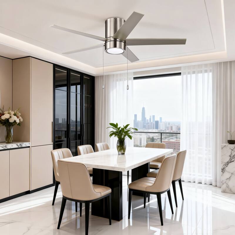 52 in. Indoor Flush Mount Ceiling Fan with 5 Blades & 18W 3CCT LED - 3 Finish Options, Pull Chain Control